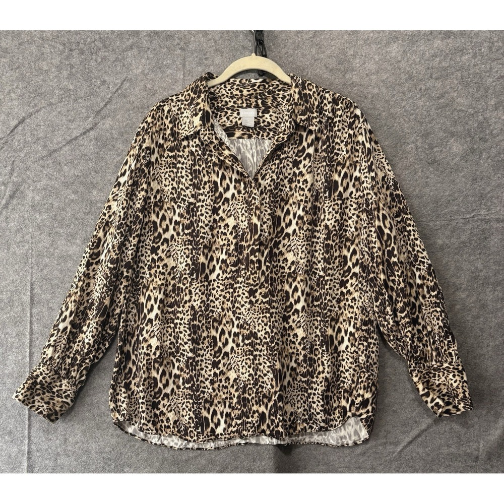 Chicos Jaguar Print Blouse Women Sz 4 US 20/22 Multicolor Modal Sandwashed Satin
